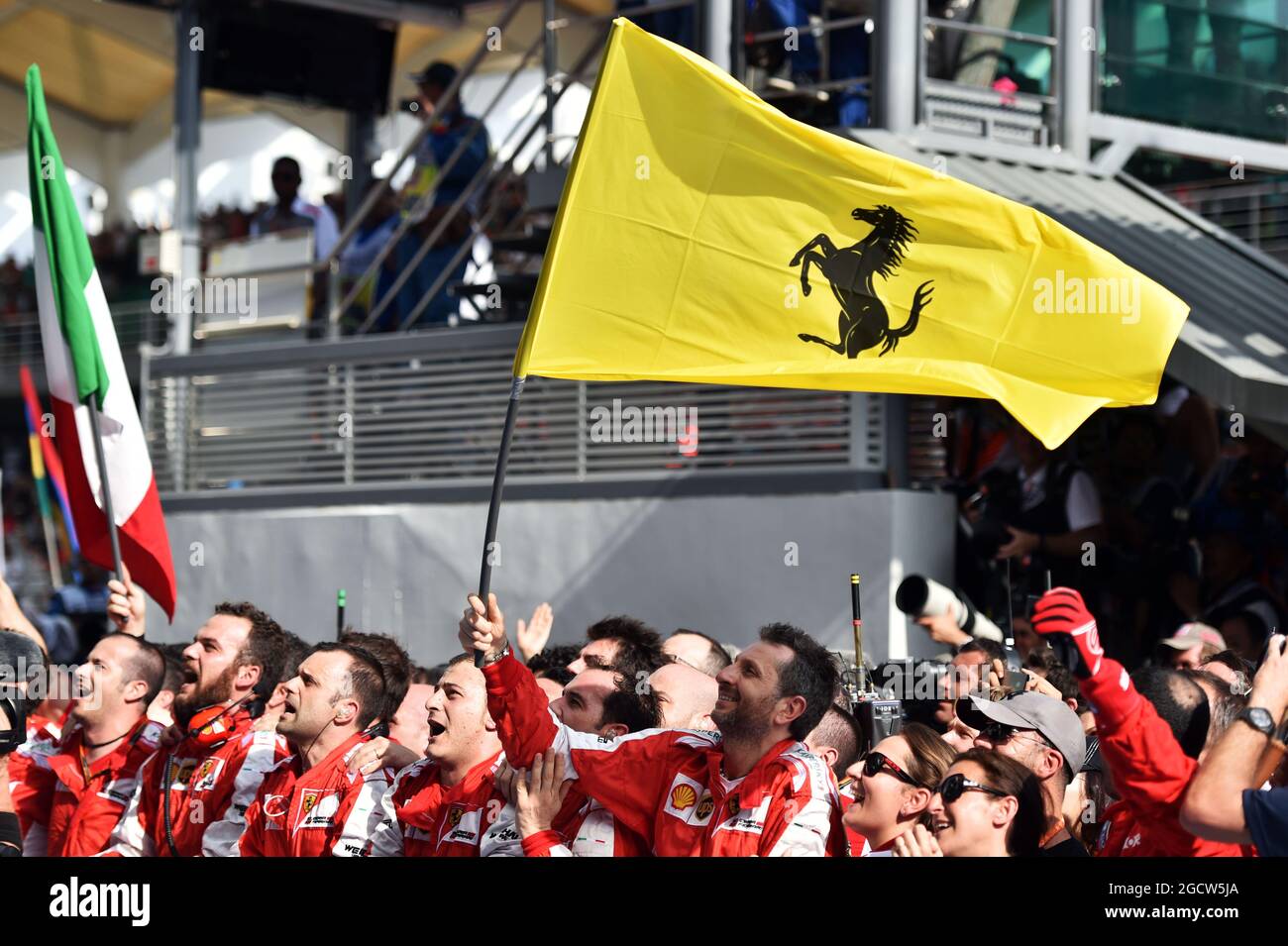 Ferrari celebrates victory at the podium. Malaysian Grand Prix, Sunday 29th March 2015. Sepang, Kuala Lumpur, Malaysia. Stock Photo