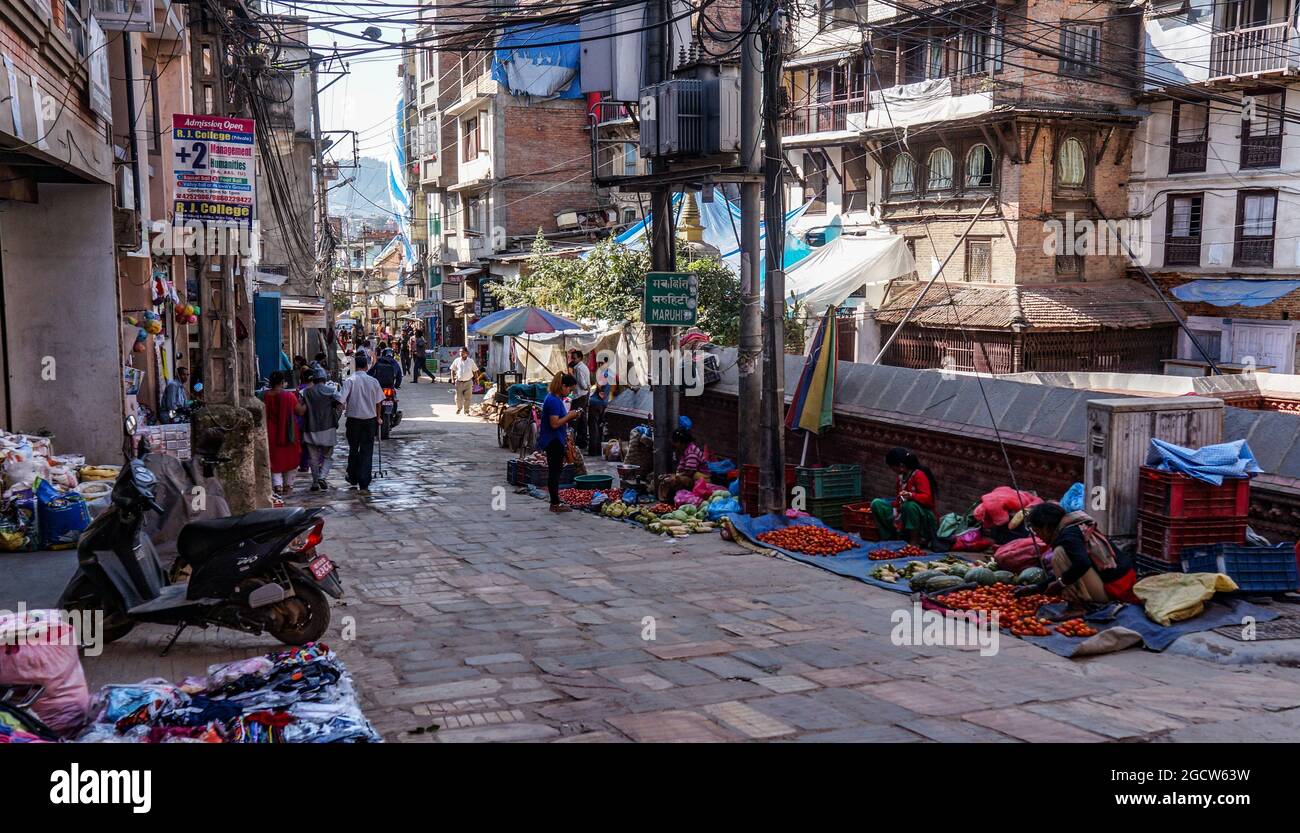 Street vendors selling fruits and groceries on the street in Kathmandu