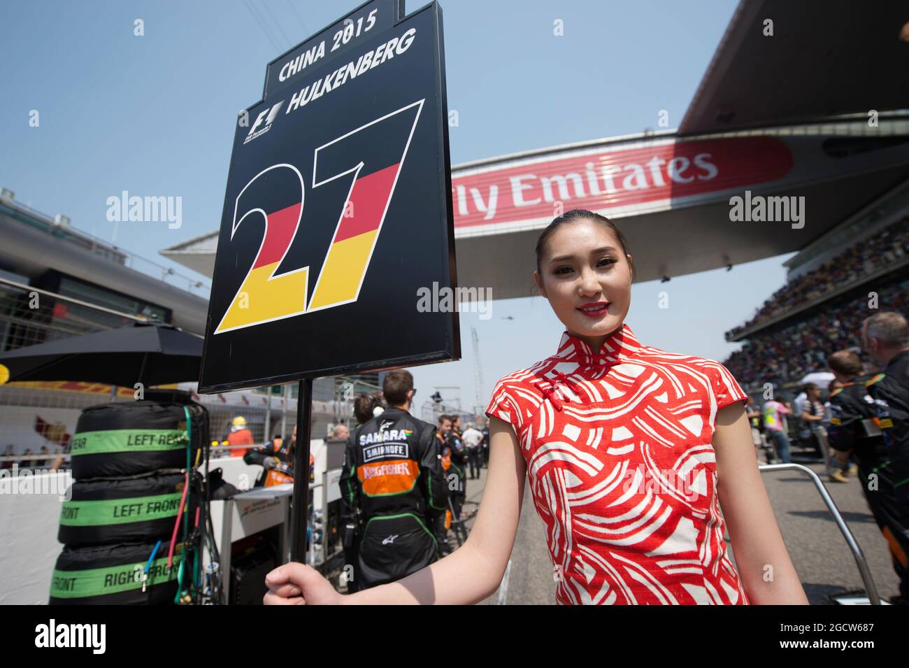 Grid girl for Nico Hulkenberg (GER) Sahara Force India F1. Chinese Grand Prix, Sunday 12th April 2015. Shanghai, China. Stock Photo