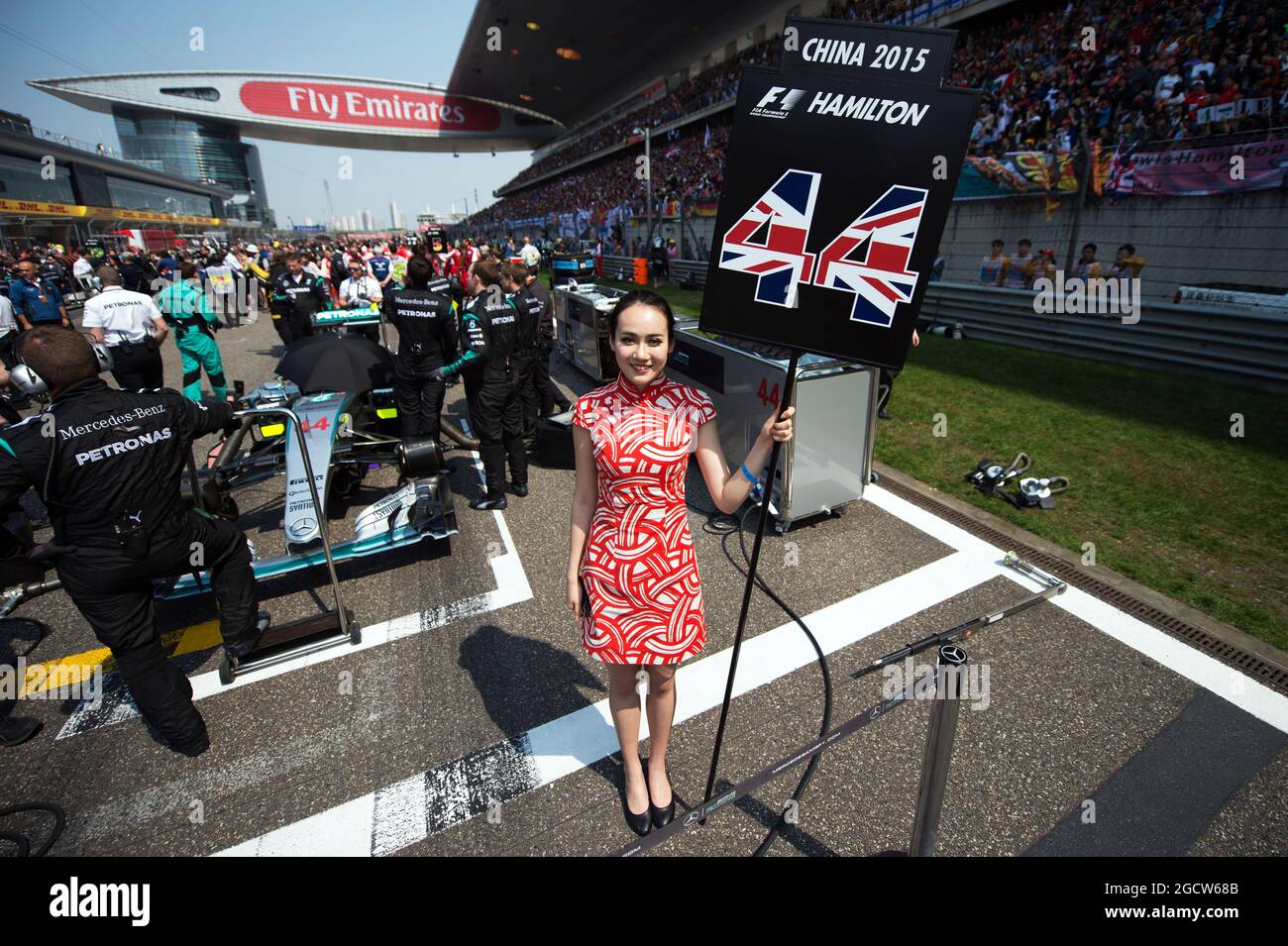 Grid girl for Lewis Hamilton (GBR) Mercedes AMG F1. Chinese Grand Prix, Sunday 12th April 2015. Shanghai, China. Stock Photo