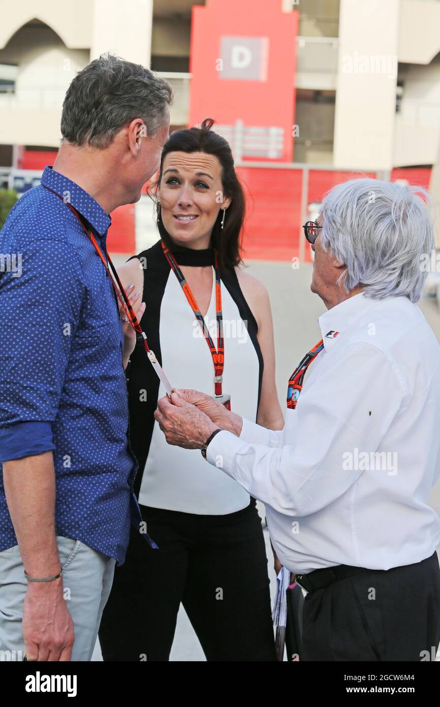 (L to R): David Coulthard (GBR) Red Bull Racing and Scuderia Toro Advisor / BBC Television Commentator with Lee McKenzie (GBR) BBC Television Reporter and Bernie Ecclestone (GBR). Bahrain Grand Prix, Saturday 18th April 2015. Sakhir, Bahrain. Stock Photo