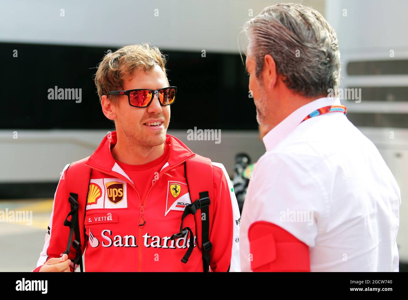 (L to R): Sebastian Vettel (GER) Ferrari with Maurizio Arrivabene (ITA) Ferrari Team Principal. Spanish Grand Prix, Thursday 7th May 2015. Barcelona, Spain. Stock Photo