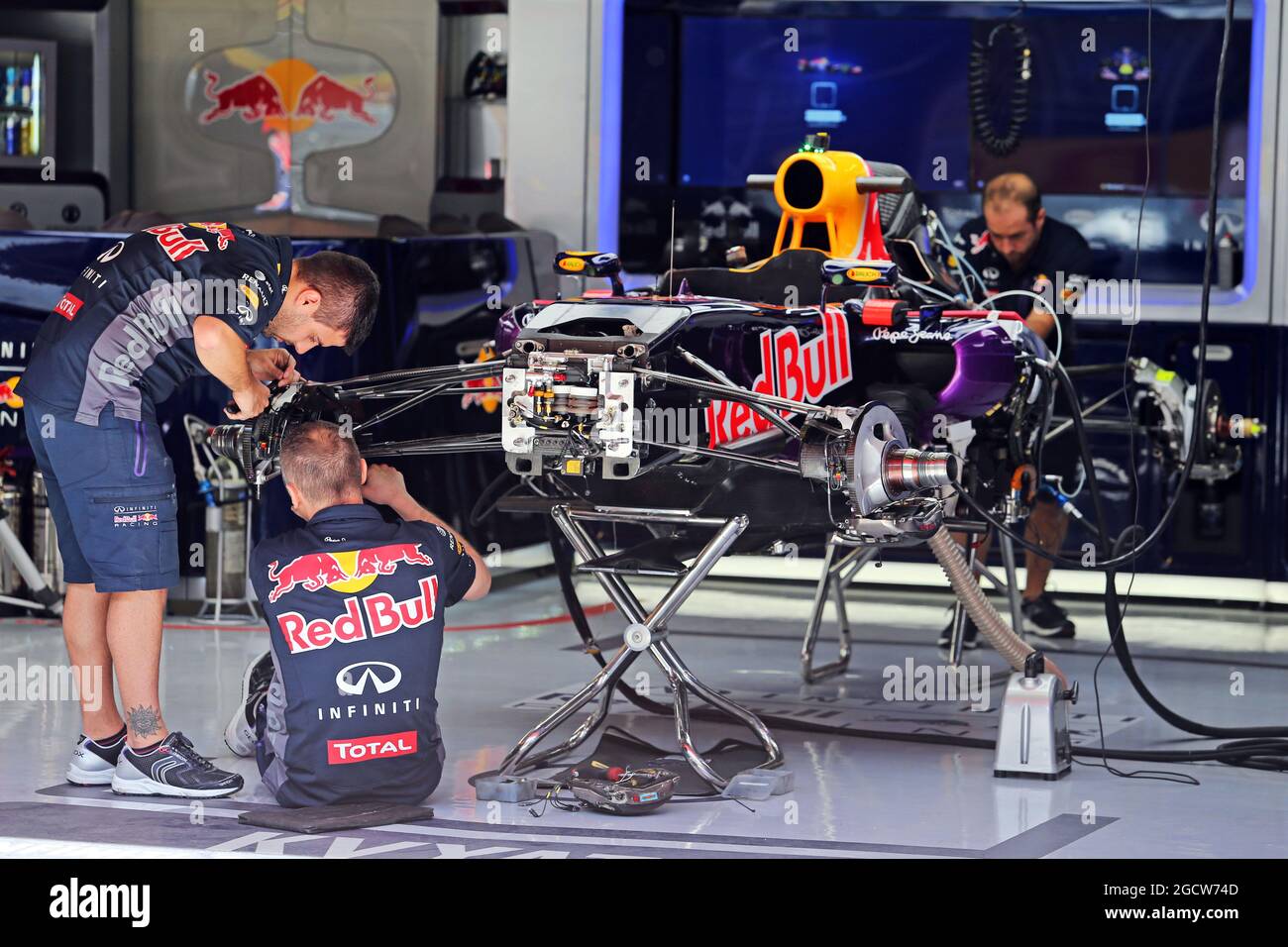 Red Bull Racing RB11 being prepared in the pit garage. Spanish Grand Prix, Thursday 7th May 2015. Barcelona, Spain. Stock Photo