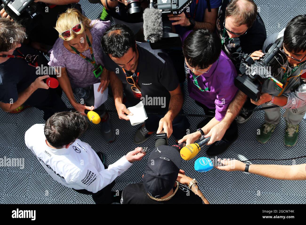 Lewis Hamilton (GBR) Mercedes AMG F1 with Will Buxton (GBR) NBS Sports Network TV Presenter and the media. Spanish Grand Prix, Thursday 7th May 2015. Barcelona, Spain. Stock Photo