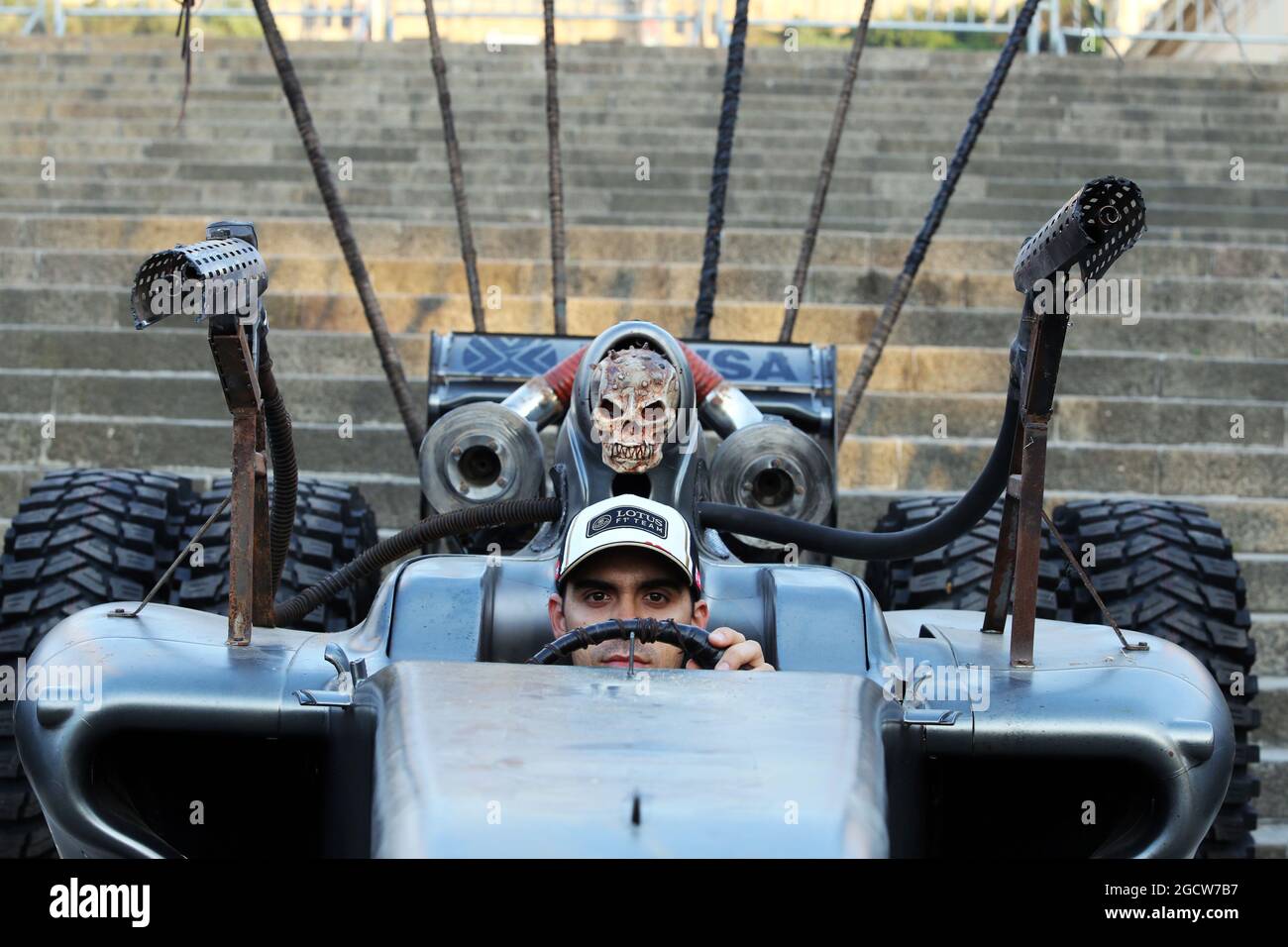 Pastor Maldonado (VEN) Lotus F1 Team promoting the film Mad Max: Fury Road. Spanish Grand Prix, Friday 8th May 2015. Barcelona, Spain. Stock Photo