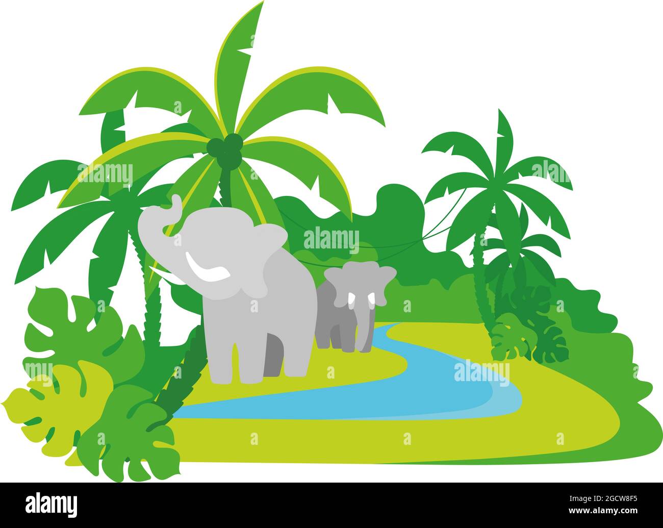 Elephants in jungle 2D vector isolated illustration Stock Vector Image