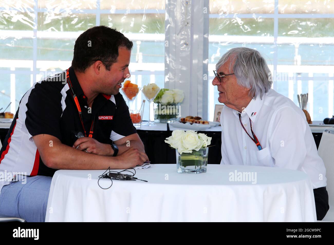 (L to R): Ted Kravitz (GBR) Sky Sports Pitlane Reporter with Bernie Ecclestone (GBR). Canadian Grand Prix, Saturday 6th June 2015. Montreal, Canada. Stock Photo