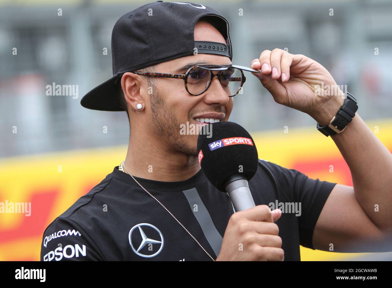 Lewis Hamilton (GBR) Mercedes AMG F1 - new sunglasses. British Grand Prix,  Thursday 2nd July 2015. Silverstone, England Stock Photo - Alamy