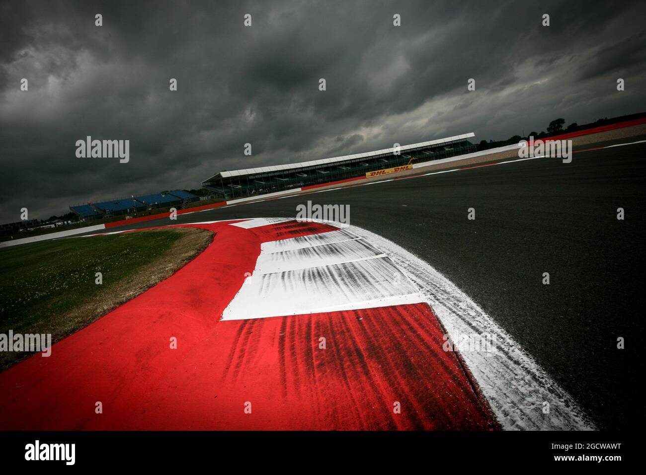 The circuit with dark clouds looming over it. British Grand Prix, Thursday 2nd July 2015. Silverstone, England. Stock Photo