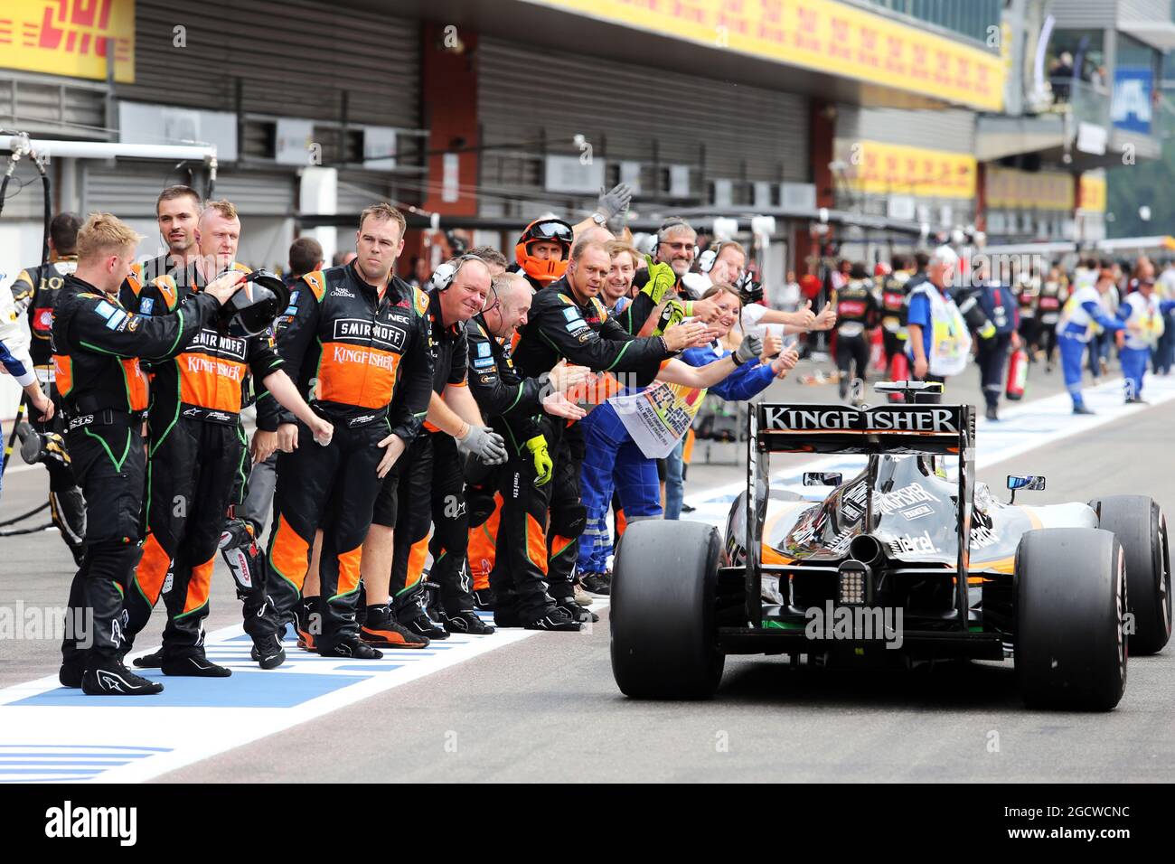 Sergio Perez (MEX) Sahara Force India F1 VJM08 is congratulated by his team at the end of the race. Belgian Grand Prix, Sunday 23rd August 2015. Spa-Francorchamps, Belgium. Stock Photo