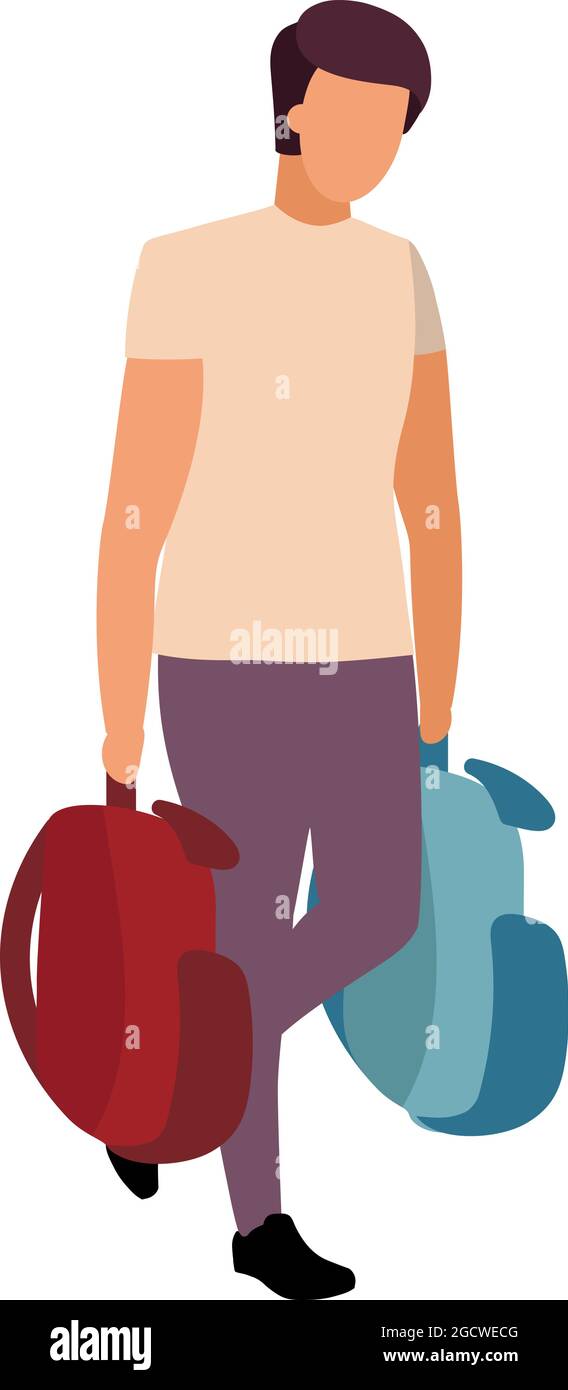 Man carries backpacks semi flat color vector character Stock Vector
