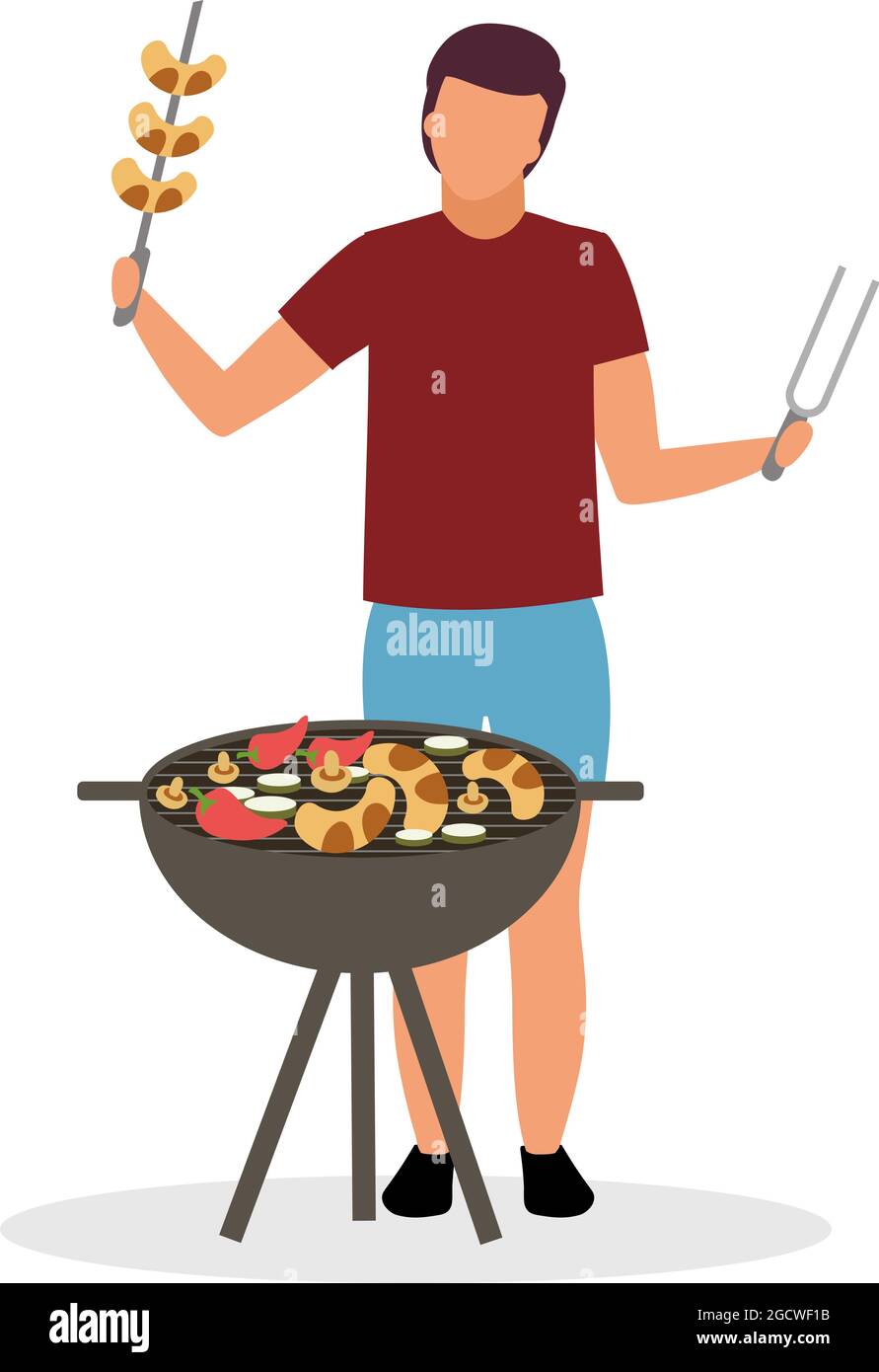 Guy arranging backyard barbecue semi flat color vector character Stock Vector