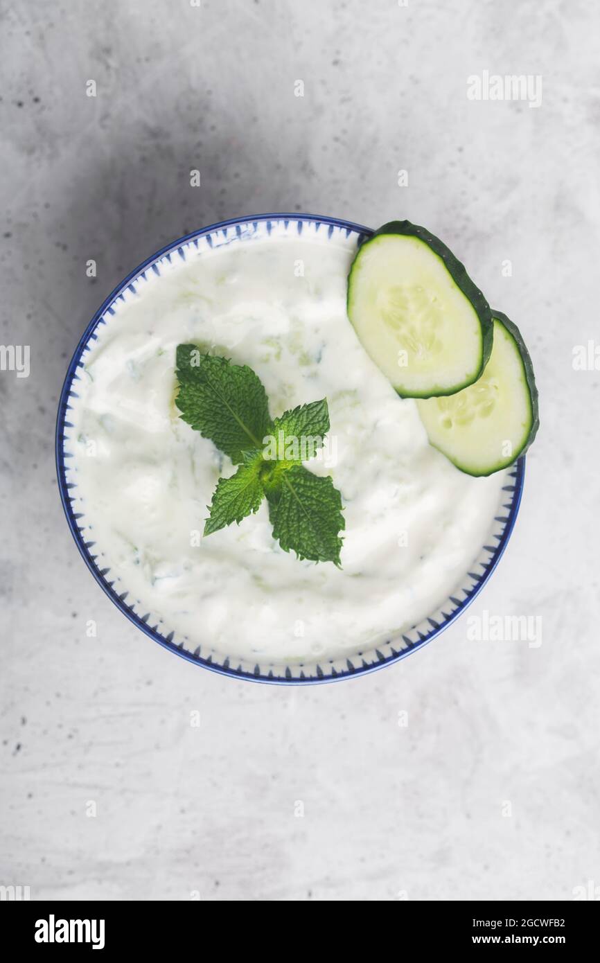 Traditional Indian Raita with cucumber, greek yoghurt and mint Stock