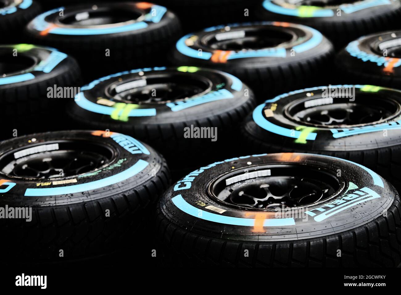 Wet Pirelli tyres. United States Grand Prix, Thursday 22nd October 2015. Circuit of the Americas, Austin, Texas, USA. Stock Photo