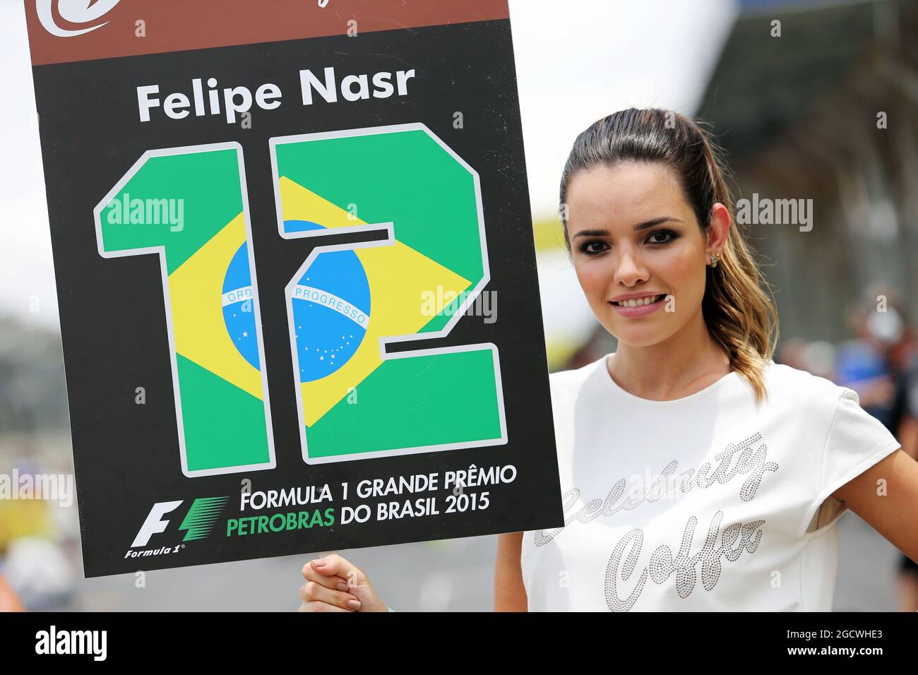 Grid girl for Felipe Nasr (BRA) Sauber F1 Team. Brazilian Grand Prix, Sunday 15th November 2015. Sao Paulo, Brazil. Stock Photo