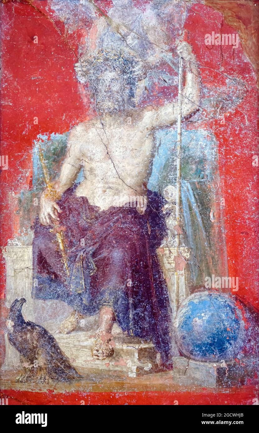 Zeus The god, sitting on a throne, is crowned by a Victory and flanked by the eagle and the globe, cosmic symbols fresco Pompeii, Casa dei Dioscuri (House of the Dioscuri) 62-79 AD Stock Photo
