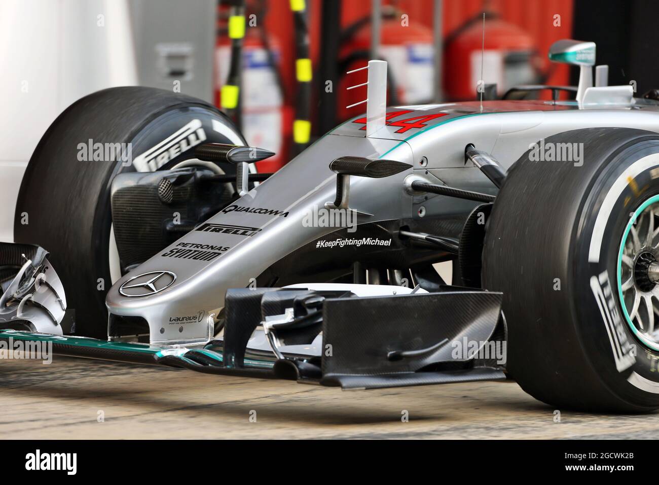Lewis Hamilton (GBR) Mercedes AMG F1 W07 Hybrid - front wing detail.  Formula One Testing, Day 4, Thursday 25th February 2016. Barcelona, Spain  Stock Photo - Alamy
