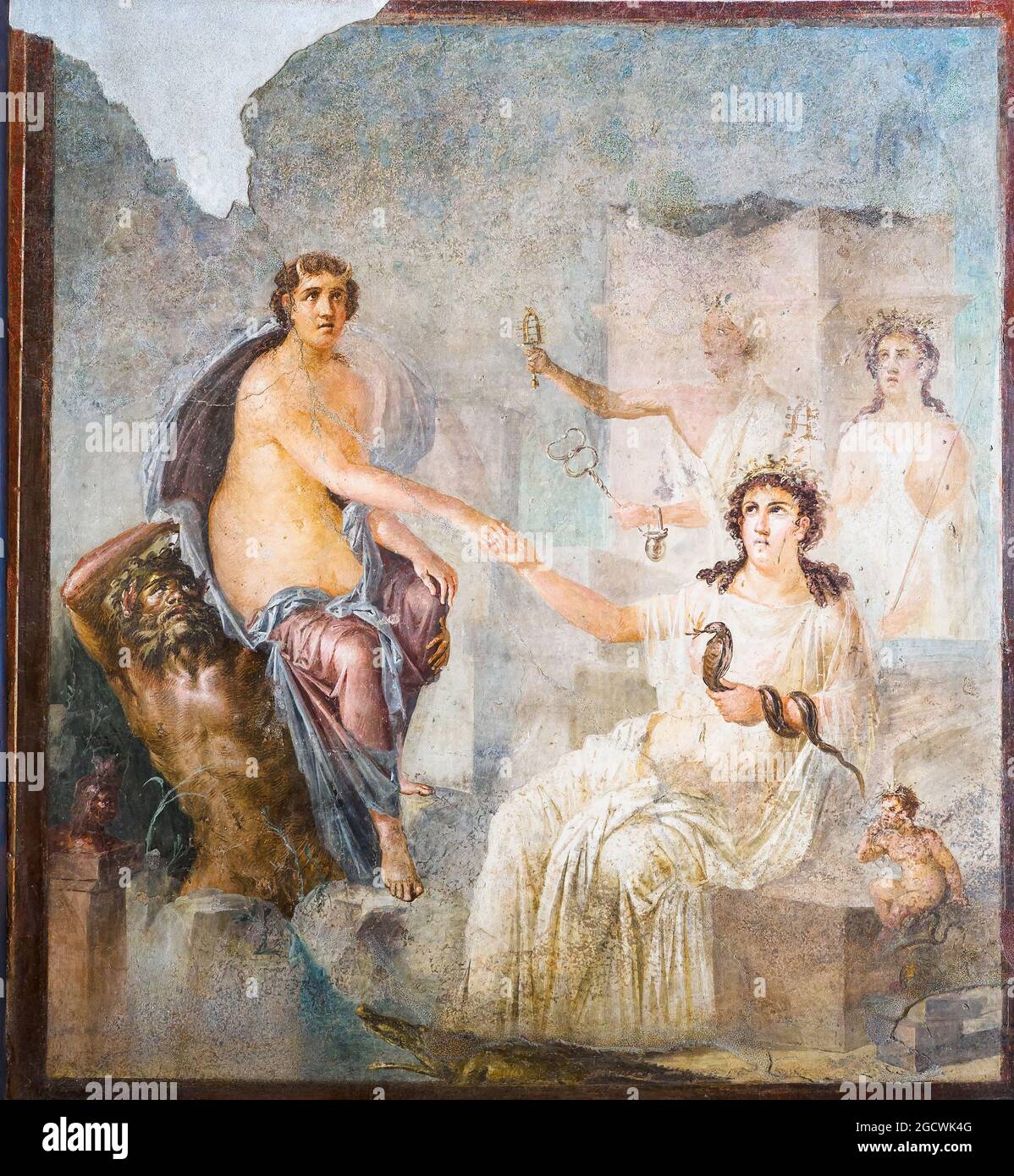 Fresco depicting Io welcomed by Isis at Canopo from the central area of the south wall Ekklesiasterion of Pompeii Stock Photo