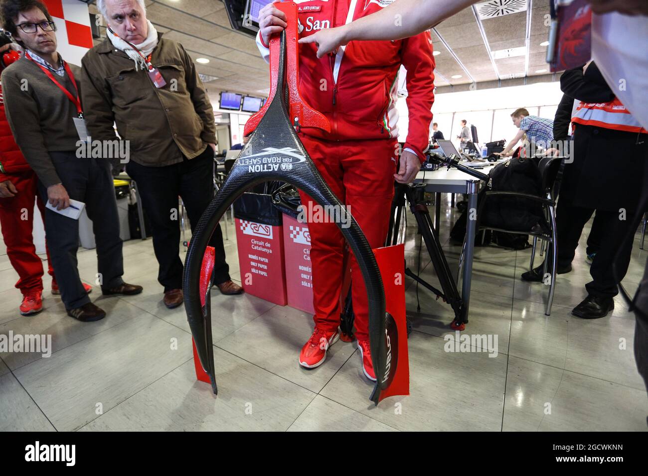 Alberto Antonini (ITA) Ferrari Press Officer discusses the Hola cockpit cover to the media. Formula One Testing, Day 3, Thursday 3rd March 2016. Barcelona, Spain. Stock Photo