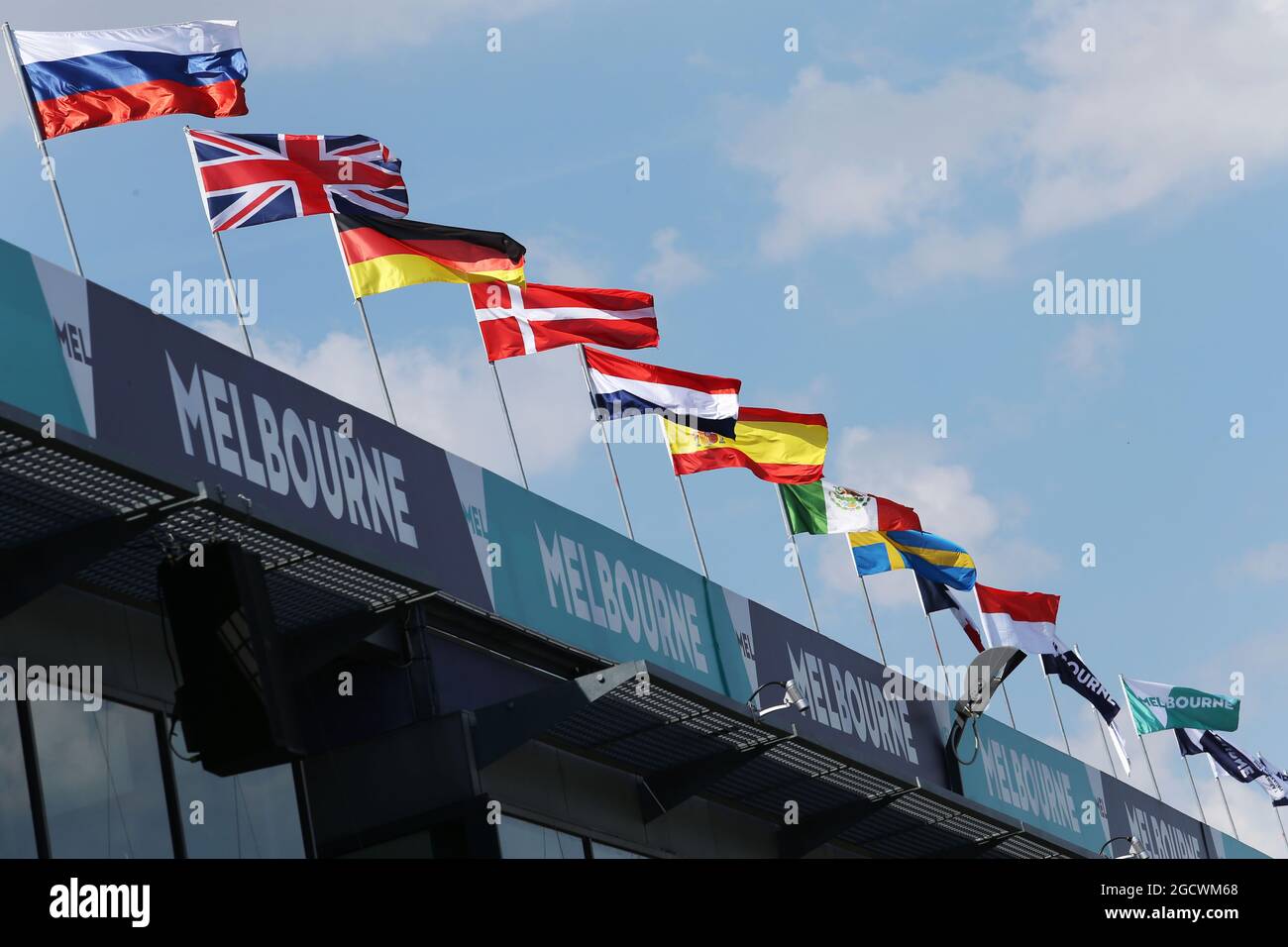 Flags over the pit lane. Australian Grand Prix, Wednesday 16th March 2016. Albert Park