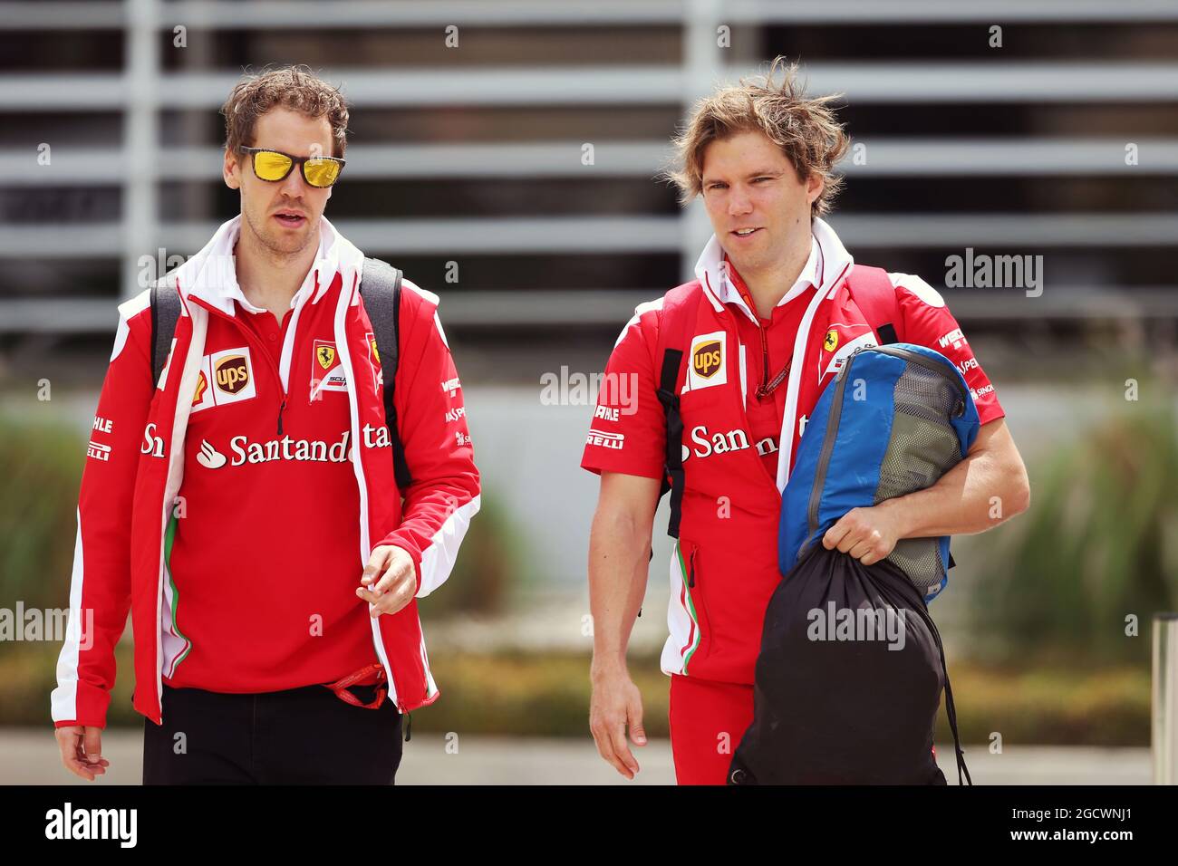 Sebastian Vettel (GER) Ferrari with Antti Kontsas (FIN) Personal Trainer.  Bahrain Grand Prix, Friday 1st April 2016. Sakhir, Bahrain Stock Photo -  Alamy