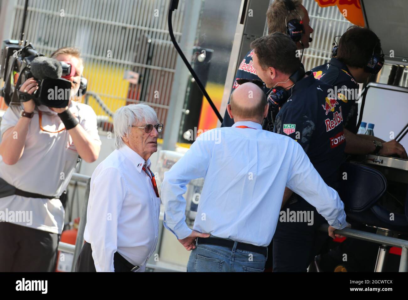 Bernie Ecclestone (GBR) with Donald Mackenzie (GBR) CVC Capital Partners Managing Partner, Co Head of Global Investments, and Christian Horner (GBR) Red Bull Racing Team Principal. Stock Photo