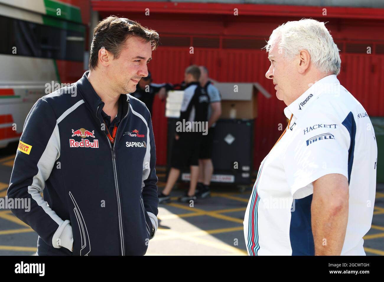 (L to R): James Key (GBR) Scuderia Toro Rosso Technical Director with Pat Symonds (GBR) Williams Chief Technical Officer. Spanish Grand Prix, Sunday 17th May 2016. Barcelona, Spain. Stock Photo