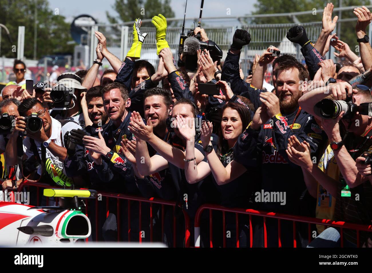 Red Bull Racing celebrate victory for Max Verstappen (NLD) Red Bull Racing in parc ferme. Spanish Grand Prix, Sunday 17th May 2016. Barcelona, Spain. Stock Photo