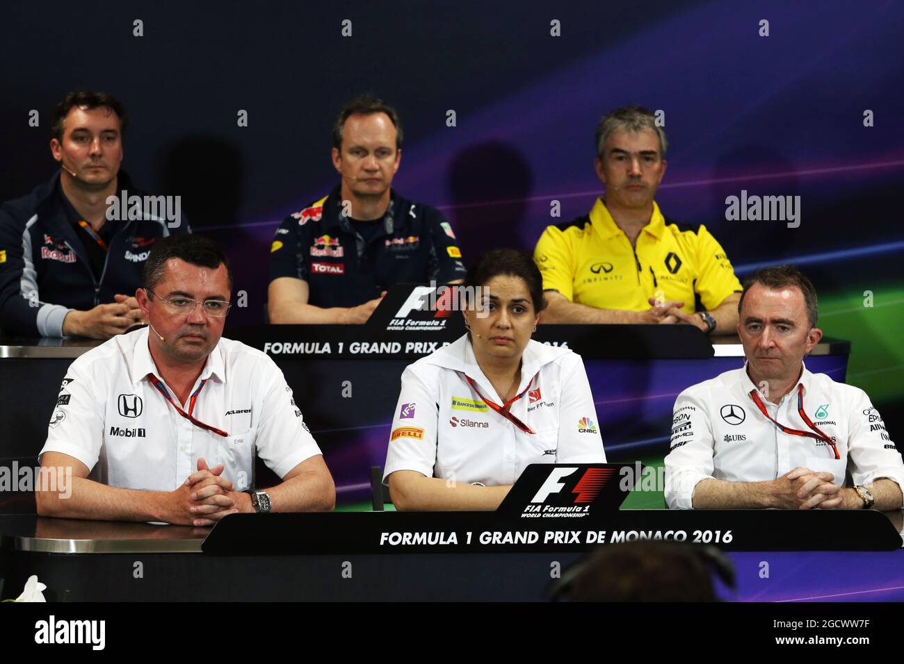 The FIA Press Conference (from back row (L to R)): James Key (GBR) Scuderia Toro Rosso Technical Director; Paul Monaghan (GBR) Red Bull Racing Chief Engineer; Nick Chester (GBR) Renault Sport F1 Team Chassis Technical Director; Eric Boullier (FRA) McLaren Racing Director; Monisha Kaltenborn (AUT) Sauber Team Principal; Paddy Lowe (GBR) Mercedes AMG F1 Executive Director (Technical). Monaco Grand Prix, Thursday 26th May 2016. Monte Carlo, Monaco. Stock Photo
