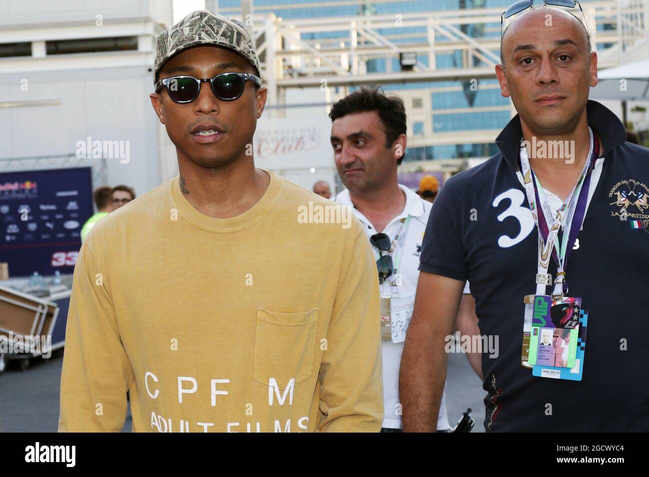Pharrell Williams (USA) Singer-Songwriter (Left). European Grand Prix, Sunday 19th June 2016. Baku City Circuit, Azerbaijan. Stock Photo