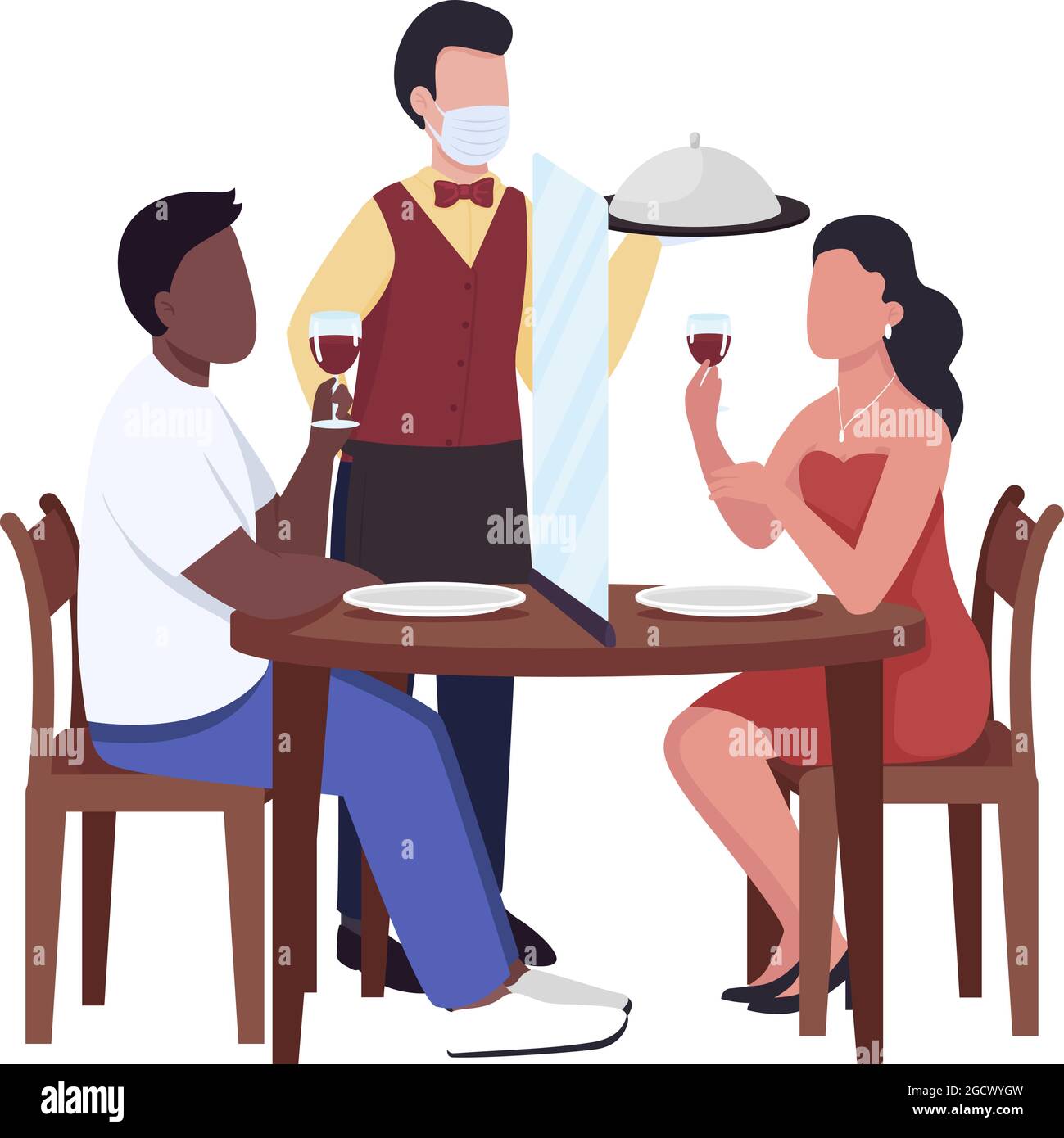 Serving restaurant guests with safety measures semi flat color vector