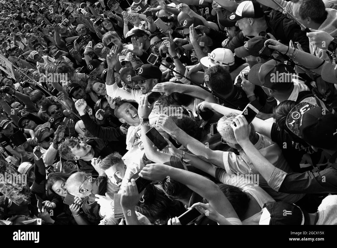 Race winner Lewis Hamilton (GBR) Mercedes AMG F1 celebrates with the fans. British Grand Prix, Sunday 10th July 2016. Silverstone, England. Stock Photo