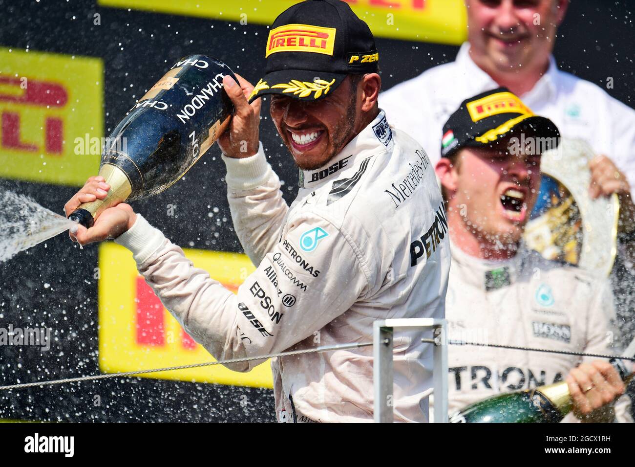 Race winner Lewis Hamilton (GBR) Mercedes AMG F1 celebrates on the podium. Hungarian Grand Prix, Sunday 24th July 2016. Budapest, Hungary. Stock Photo