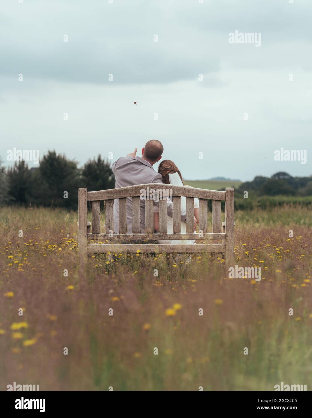Just married couple sitting on wooden bench inside a wild flower meadow whilst groom points to a bird in the sky Stock Photo