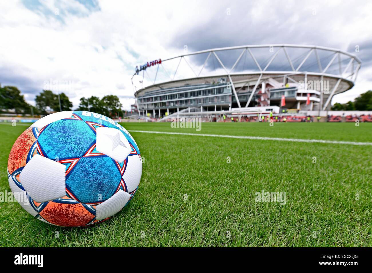 Derbystar League Ball and the Bayarena, the stadium of Bayer Leverkusen. Stock Photo