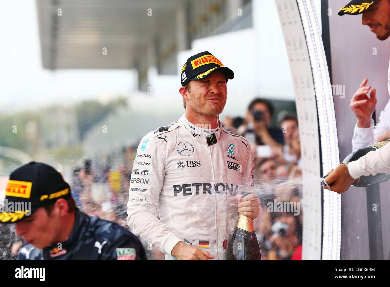 Race winner Nico Rosberg (GER) Mercedes AMG F1 celebrates on the podium ...