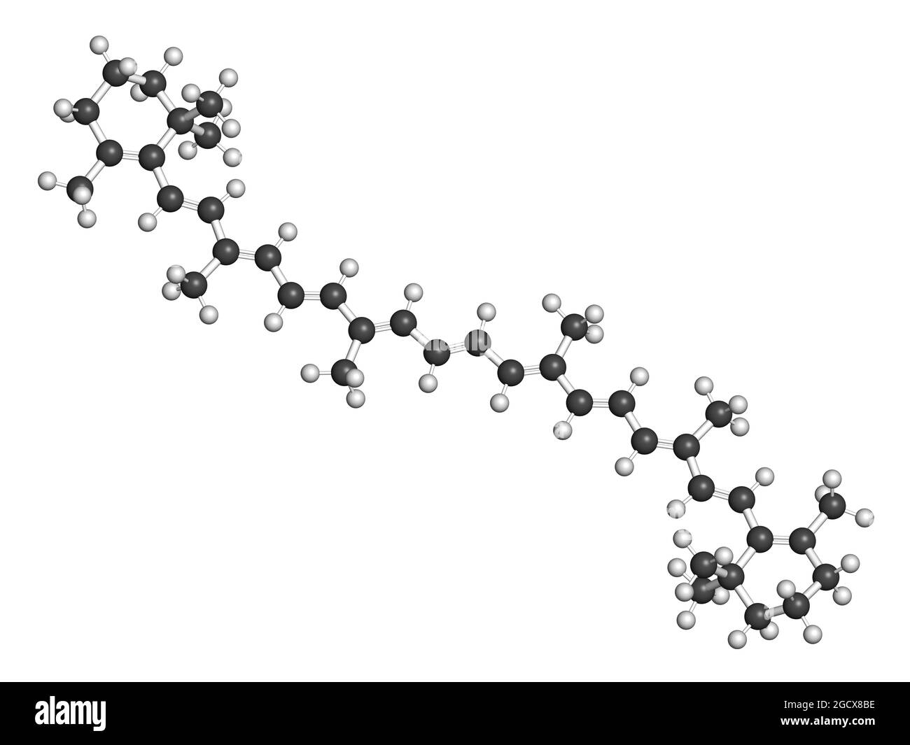 Betacarotene pigment molecule. 3D rendering. Atoms are represen Stock