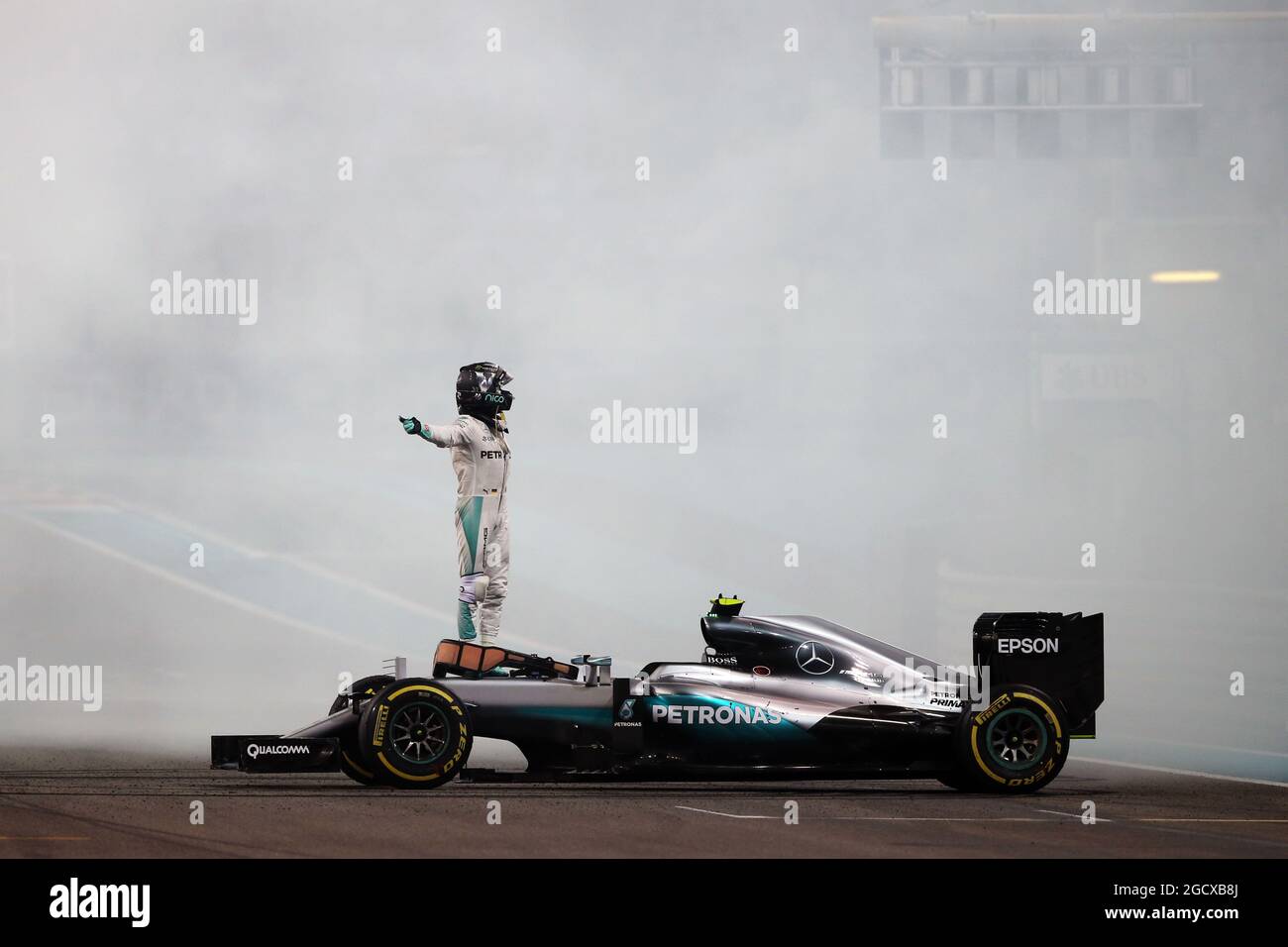 Nico Rosberg (GER) Mercedes AMG F1 W07 Hybrid celebrates his second  position and World Championship at the end of the race. Abu Dhabi Grand  Prix, Sunday 27th November 2016. Yas Marina Circuit,