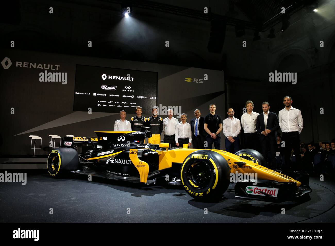 (L to R): Bob Bell (GBR) Renault Sport F1 Team Chief Technical Officer; Nico Hulkenberg (GER) Renault Sport F1 Team; Jolyon Palmer (GBR) Renault Sport F1 Team; Jerome Stoll (FRA) Renault Sport F1 President; Alain Prost (FRA); Mandhir Singh, Castol COO; Sergey Sirotkin (RUS) Renault Sport F1 Team Third Driver; Thierry Koskas, Renault Executive Vice President of Sales and Marketing; Pepijn Richter, Microsoft Director of Product Marketing; Tommaso Volpe, Infiniti Global Director of Motorsport; Cyril Abiteboul (FRA) Renault Sport F1 Managing Director, with the Renault Sport F1 Team RS17. Renault Stock Photo