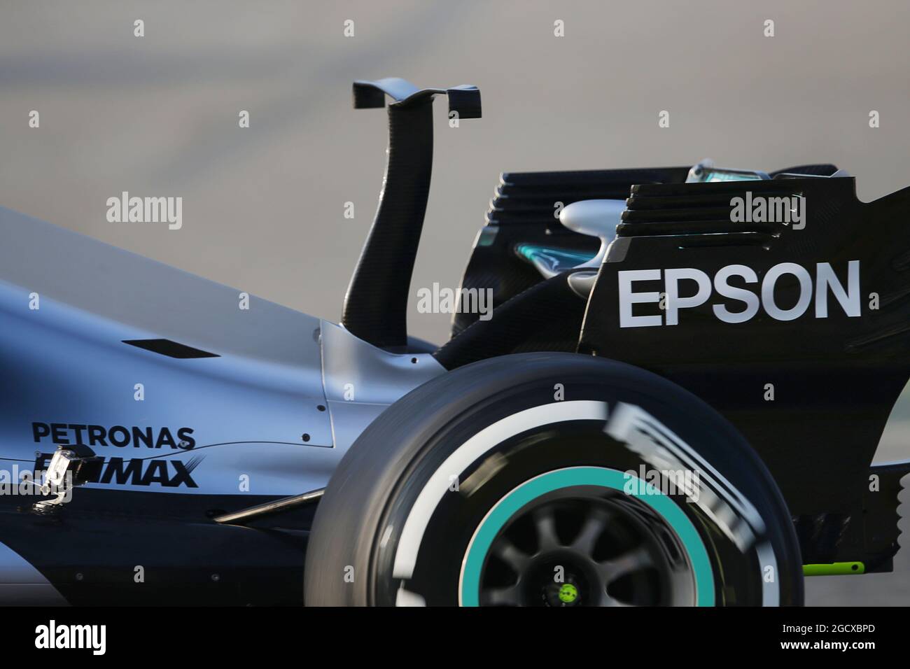 Mercedes AMG F1 W08 winglet on engine cover. Formula One Testing, Day 1, Monday 27th February 2017. Barcelona, Spain. Stock Photo