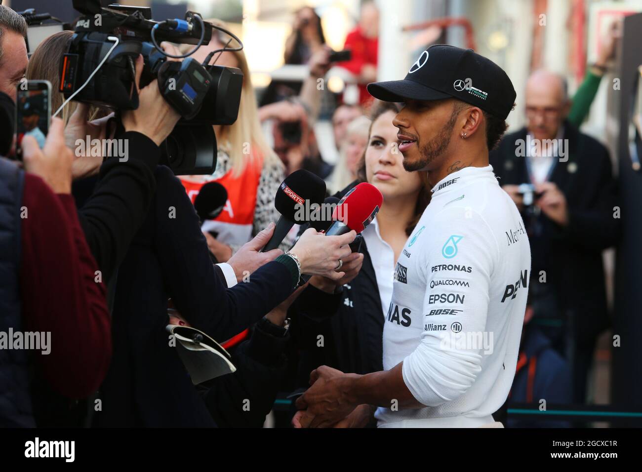 Lewis Hamilton (GBR) Mercedes AMG F1 walks the circuit with the media. Formula One Testing, Day 1, Monday 27th February 2017. Barcelona, Spain. Stock Photo