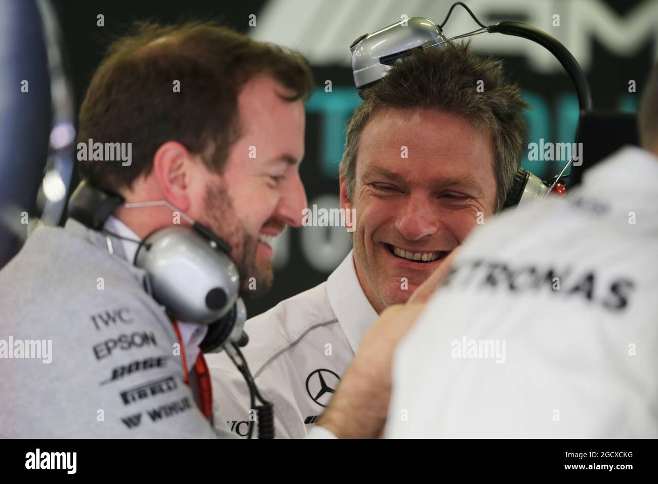 James Allison (GBR) Mercedes AMG F1 Technical Director (Centre) with Bradley Lord (GBR) Mercedes AMG F1 Communications Manager (Left). Formula One Testing, Day 1, Tuesday 7th March 2017. Barcelona, Spain. Stock Photo
