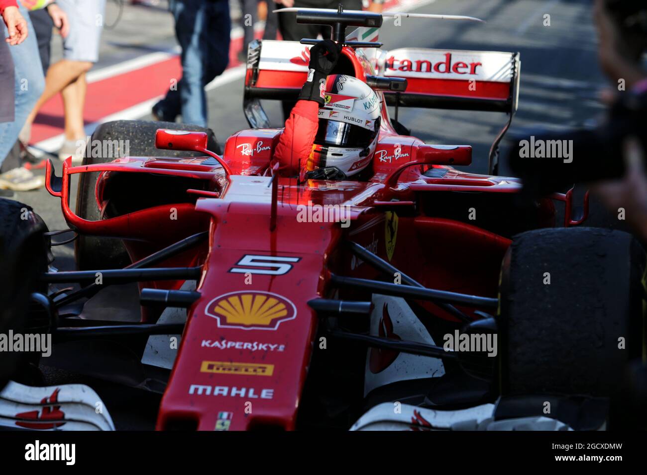 Race winner Sebastian Vettel (GER) Ferrari SF70H celebrates in parc ...