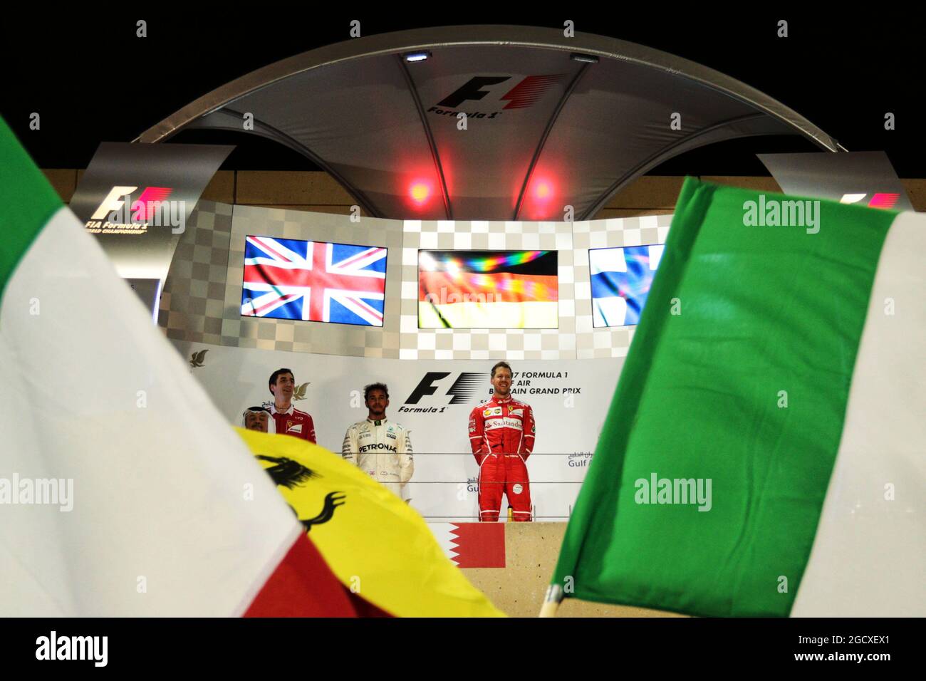 Race winner Sebastian Vettel (GER) Ferrari on the podium. Bahrain Grand Prix, Sunday 17th April 2017. Sakhir, Bahrain. Stock Photo