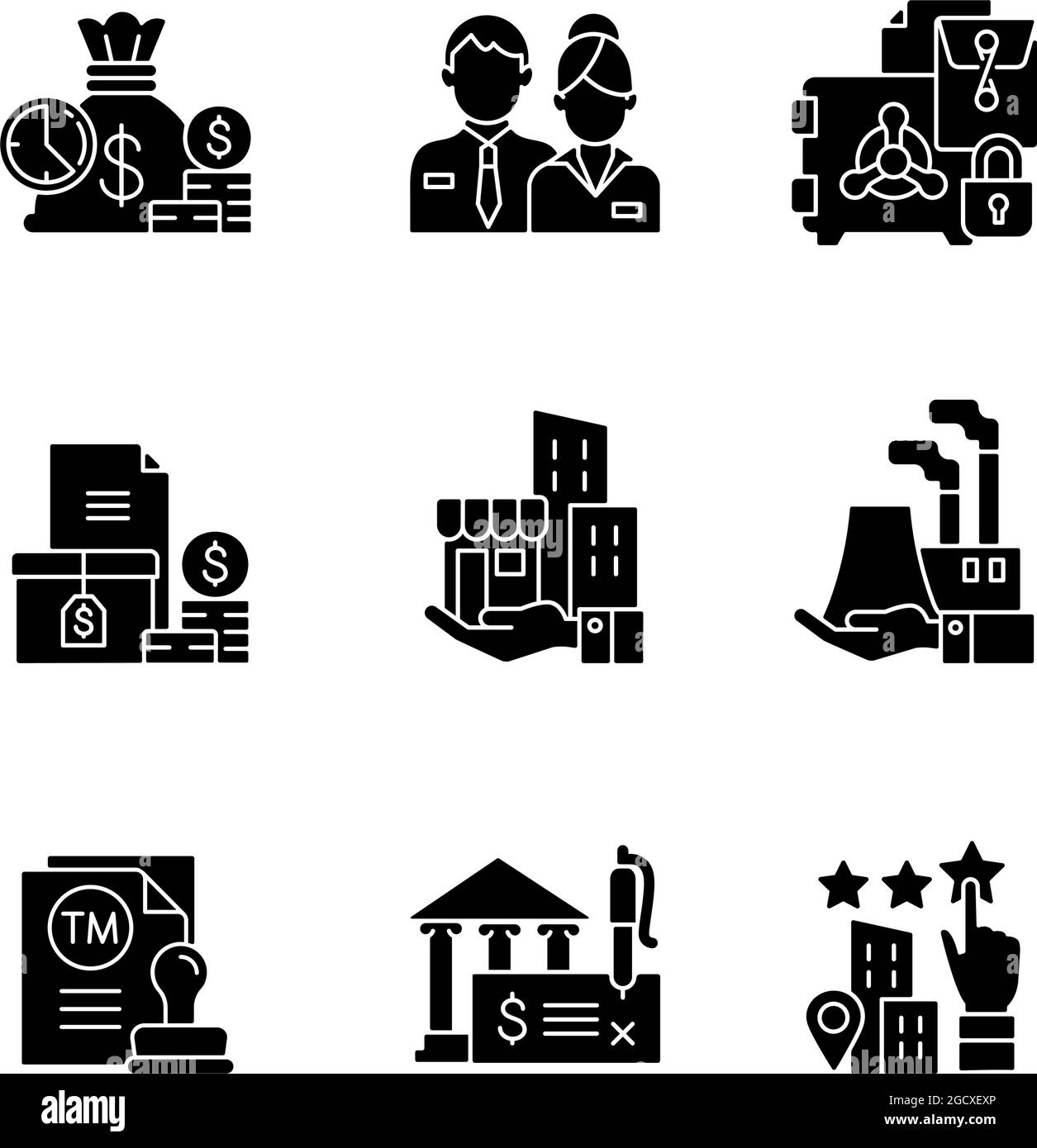 Business development black glyph icons set on white space Stock Vector