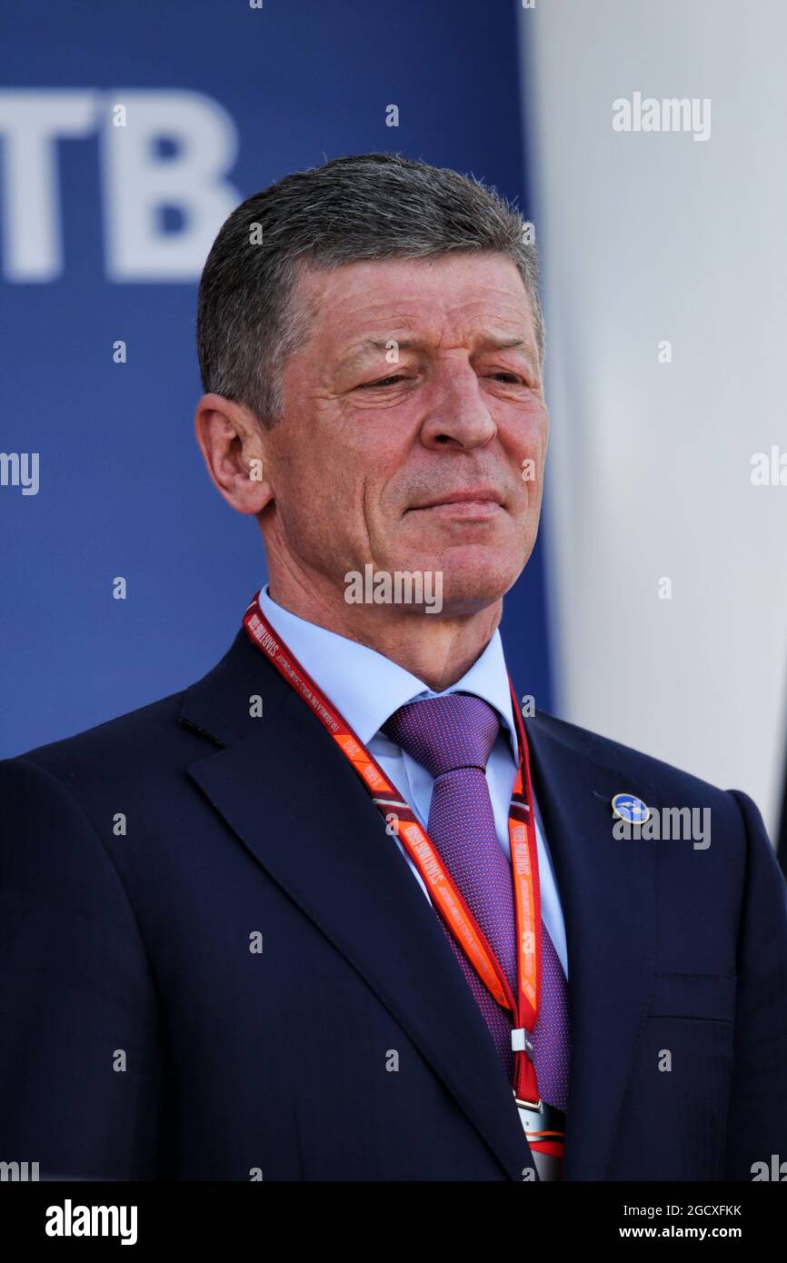 Dmitry Kozak (RUS) Russian Deputy Prime Minister on the podium. Russian Grand Prix, Sunday 30th April 2017. Sochi Autodrom, Sochi, Russia. Stock Photo