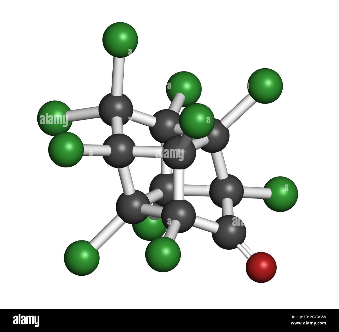 Chlordecone or kepone pesticide molecule. 3D rendering. Atoms ar Stock Photo