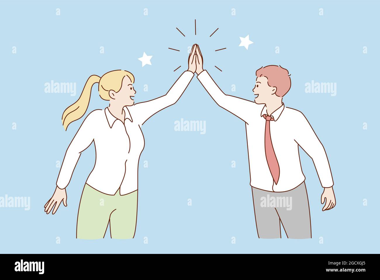 Giving five and collaboration concept. Young positive man and woman