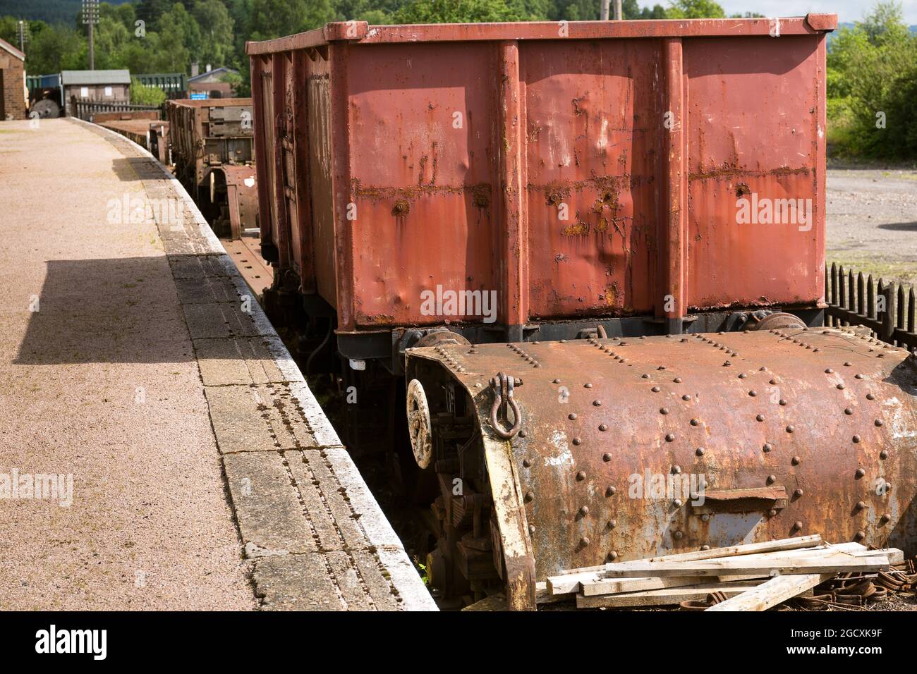 old rolling stock at Boat of Garten steam railway station. Scotland. Speyside railways. Stock Photo