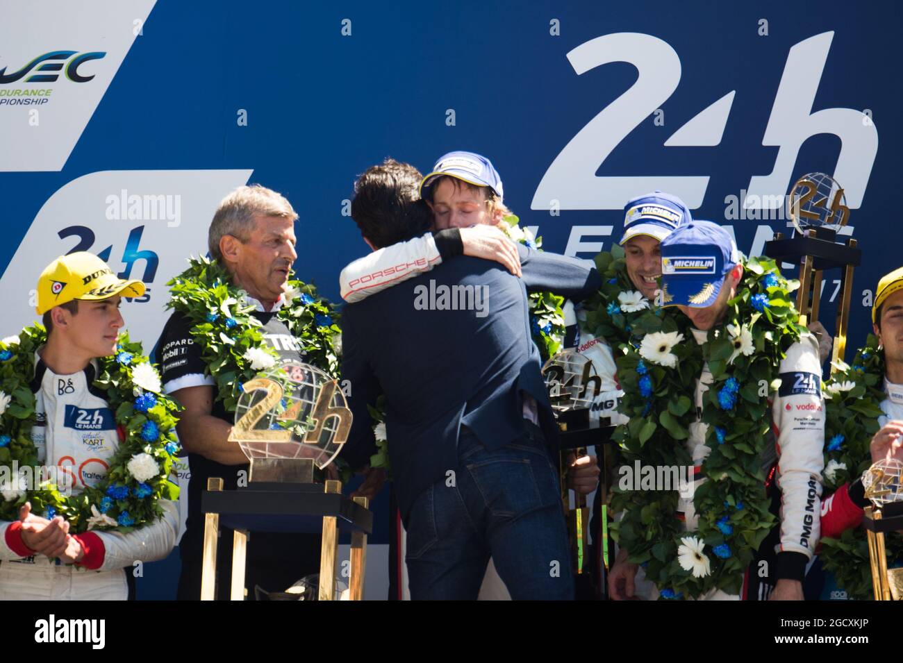 Race winners Brendon Hartley (NZL), Earl Bamber (NZL), Timo Bernhard (GER) #02 Porsche LMP Team, Porsche 919 Hybrid, celebrate on the podium. FIA World Endurance Championship, Le Mans 24 Hours - Race, Sunday 18th June 2017. Le Mans, France. Stock Photo